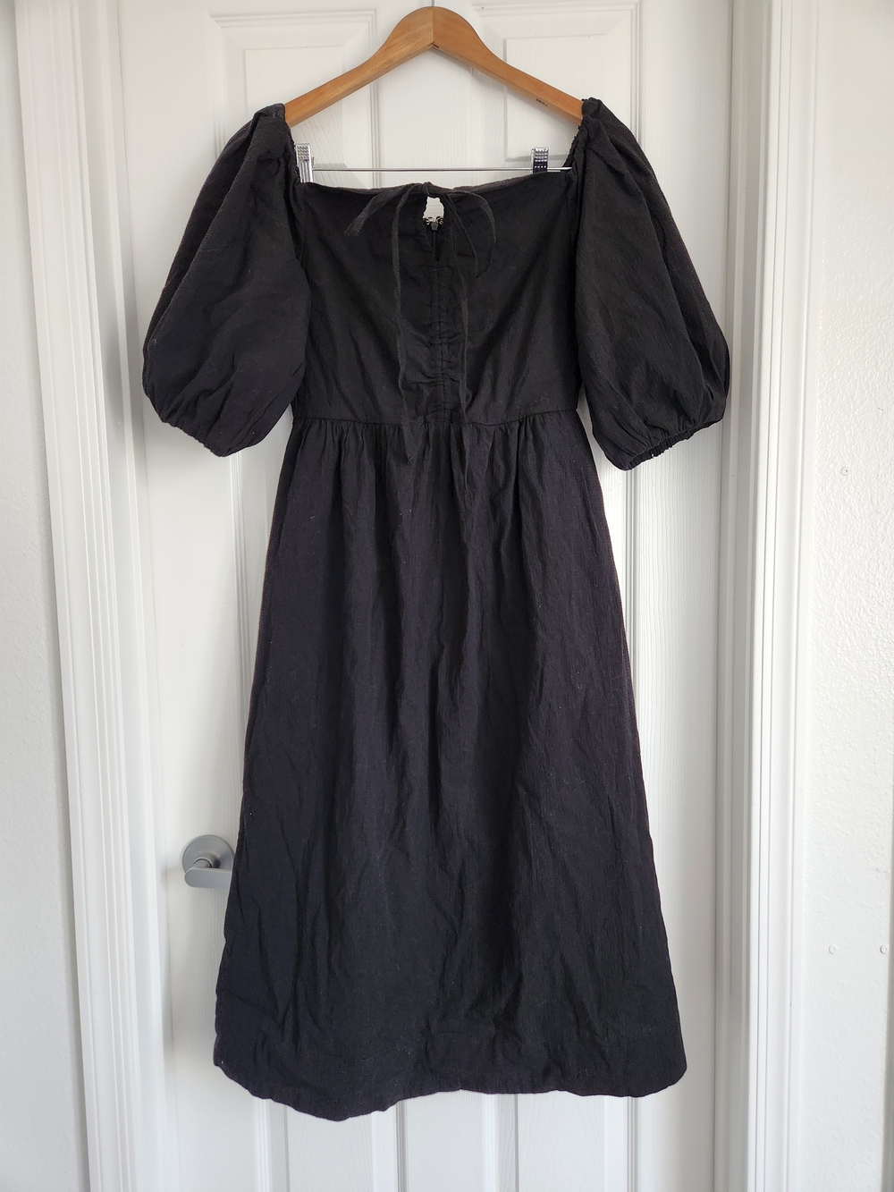 Black Puff-Sleeve Midi Dress with Tie-Back Neckline (With Pockets)